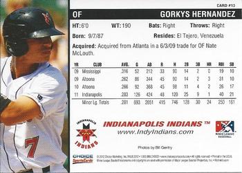 2012 Choice Indianapolis Indians #13 Gorkys Hernandez Back