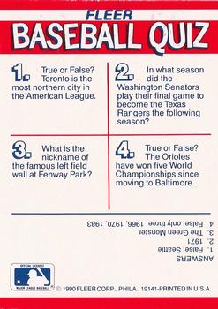 1990 Fleer - Action Series Team Stickers #NNO AL: Texas Rangers / Toronto Blue Jays / Baltimore Orioles / Boston Red Sox Back