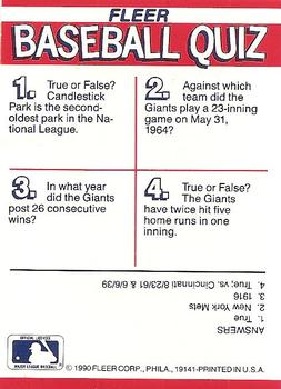 1990 Fleer - Action Series Team Stickers #NNO San Francisco Giants Back