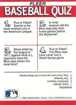 1990 Fleer - Action Series Team Stickers #NNO Toronto Blue Jays Back