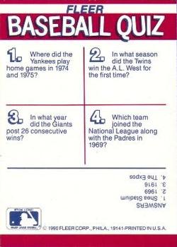 1990 Fleer - Action Series Team Stickers #NNO MLB: Minnesota Twins / New York Yankees / San Diego Padres / San Francisco Giants Back