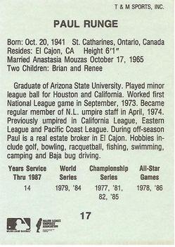 1988 T&M Sports Umpires #17 Paul Runge Back