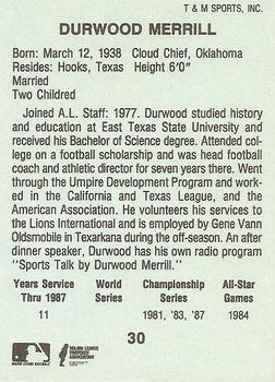1988 T&M Sports Umpires #30 Durwood Merrill Back