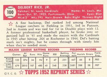 1983 Topps 1952 Reprint Series #100 Del Rice Back