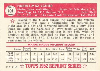 1983 Topps 1952 Reprint Series #101 Max Lanier Back
