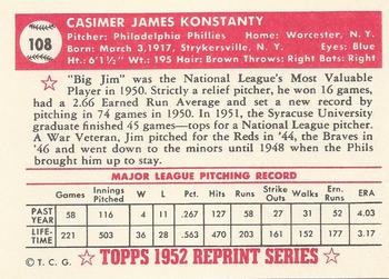 1983 Topps 1952 Reprint Series #108 Jim Konstanty Back