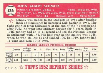 1983 Topps 1952 Reprint Series #136 Johnny Schmitz Back