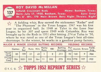 1983 Topps 1952 Reprint Series #137 Roy McMillan Back