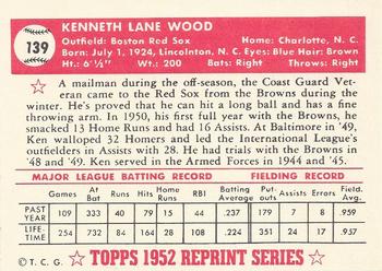 1983 Topps 1952 Reprint Series #139 Ken Wood Back