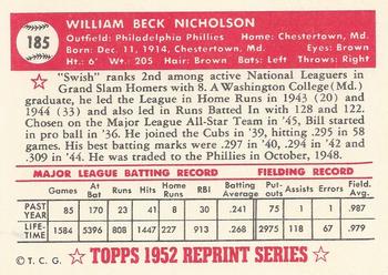 1983 Topps 1952 Reprint Series #185 Bill Nicholson Back