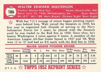 1983 Topps 1952 Reprint Series #186 Walt Masterson Back
