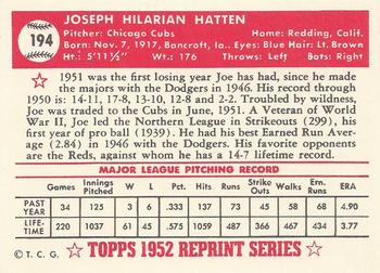 1983 Topps 1952 Reprint Series #194 Joe Hatten Back