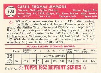 1983 Topps 1952 Reprint Series #203 Curt Simmons Back