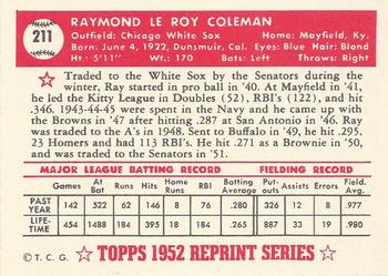 1983 Topps 1952 Reprint Series #211 Ray Coleman Back