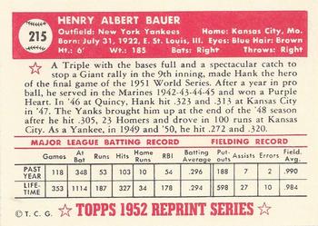 1983 Topps 1952 Reprint Series #215 Hank Bauer Back