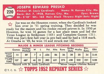 1983 Topps 1952 Reprint Series #220 Joe Presko Back