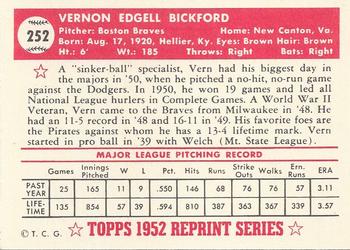 1983 Topps 1952 Reprint Series #252 Vern Bickford Back