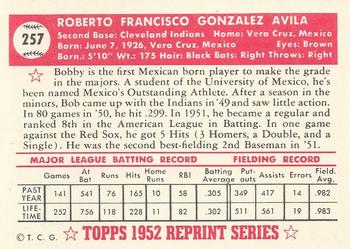 1983 Topps 1952 Reprint Series #257 Bobby Avila Back