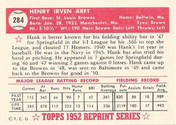 1983 Topps 1952 Reprint Series #284 Hank Arft Back