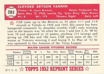1983 Topps 1952 Reprint Series #285 Cliff Fannin Back
