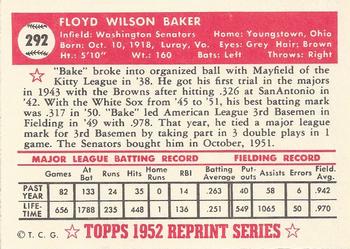 1983 Topps 1952 Reprint Series #292 Floyd Baker Back