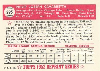 1983 Topps 1952 Reprint Series #295 Phil Cavarretta Back