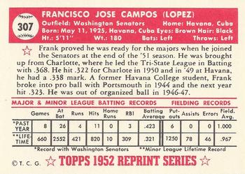 1983 Topps 1952 Reprint Series #307 Frank Campos Back