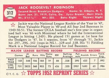 1983 Topps 1952 Reprint Series #312 Jackie Robinson Back
