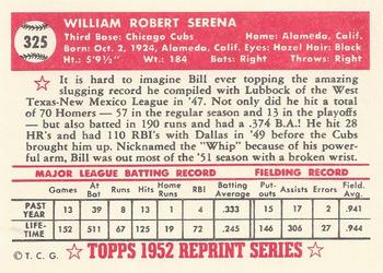 1983 Topps 1952 Reprint Series #325 Bill Serena Back