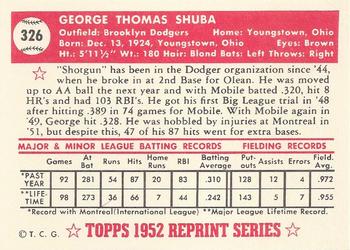 1983 Topps 1952 Reprint Series #326 George Shuba Back