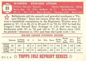1983 Topps 1952 Reprint Series #33 Warren Spahn Back