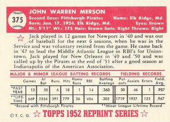 1983 Topps 1952 Reprint Series #375 Jack Merson Back
