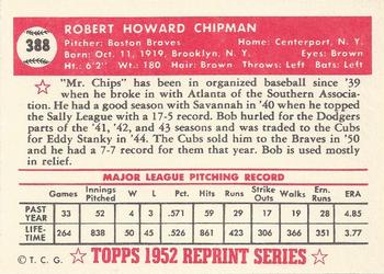 1983 Topps 1952 Reprint Series #388 Bob Chipman Back