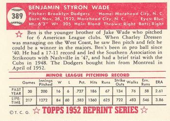 1983 Topps 1952 Reprint Series #389 Ben Wade Back