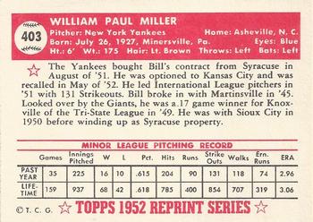 1983 Topps 1952 Reprint Series #403 Bill Miller Back