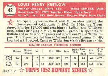 1983 Topps 1952 Reprint Series #42 Lou Kretlow Back