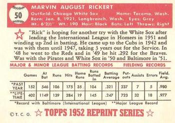 1983 Topps 1952 Reprint Series #50 Marv Rickert Back