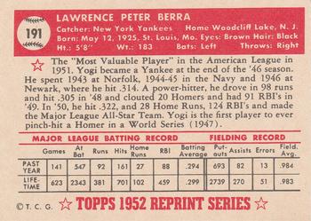 1983 Topps 1952 Reprint Series #191 Yogi Berra Back