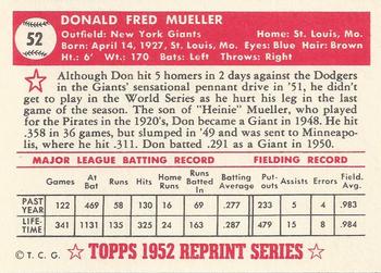 1983 Topps 1952 Reprint Series #52 Don Mueller Back