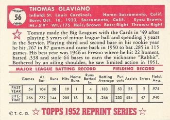 1983 Topps 1952 Reprint Series #56 Tommy Glaviano Back