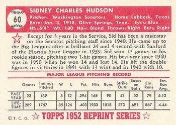 1983 Topps 1952 Reprint Series #60 Sid Hudson Back