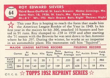 1983 Topps 1952 Reprint Series #64 Roy Sievers Back