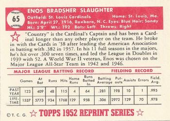 1983 Topps 1952 Reprint Series #65 Enos Slaughter Back