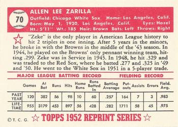 1983 Topps 1952 Reprint Series #70 Al Zarilla Back