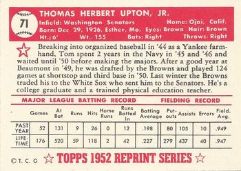 1983 Topps 1952 Reprint Series #71 Tom Upton Back