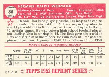 1983 Topps 1952 Reprint Series #80 Herman Wehmeier Back