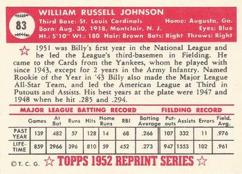 1983 Topps 1952 Reprint Series #83 Billy Johnson Back