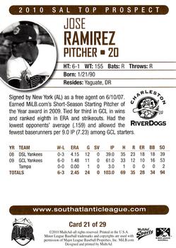 2010 MultiAd South Atlantic League Top Prospects #21 Jose Ramirez Back
