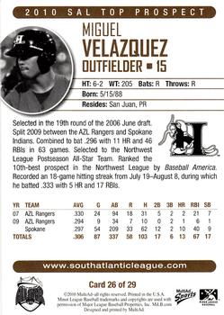 2010 MultiAd South Atlantic League Top Prospects #26 Miguel Velazquez Back