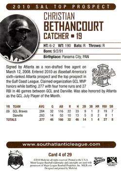 2010 MultiAd South Atlantic League Top Prospects #4 Christian Bethancourt Back